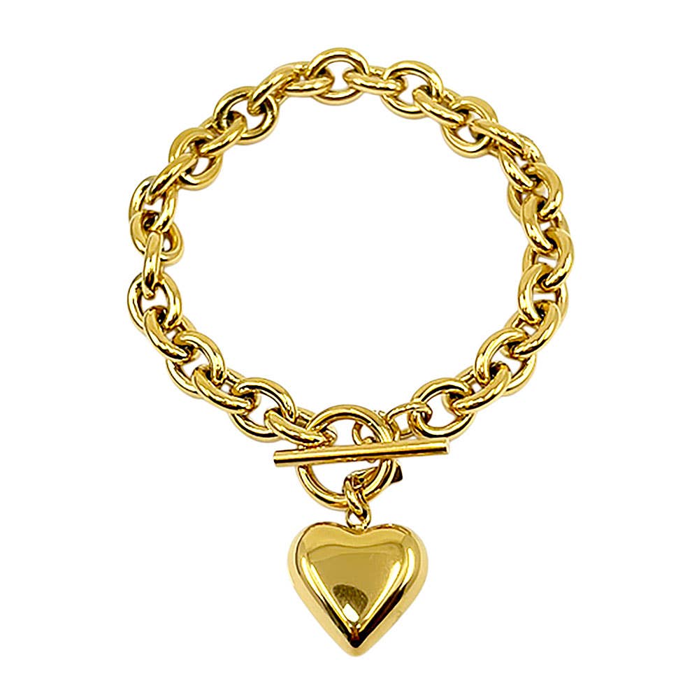 Stainless Steel Puffy Heart Charm Toggle Bracelet