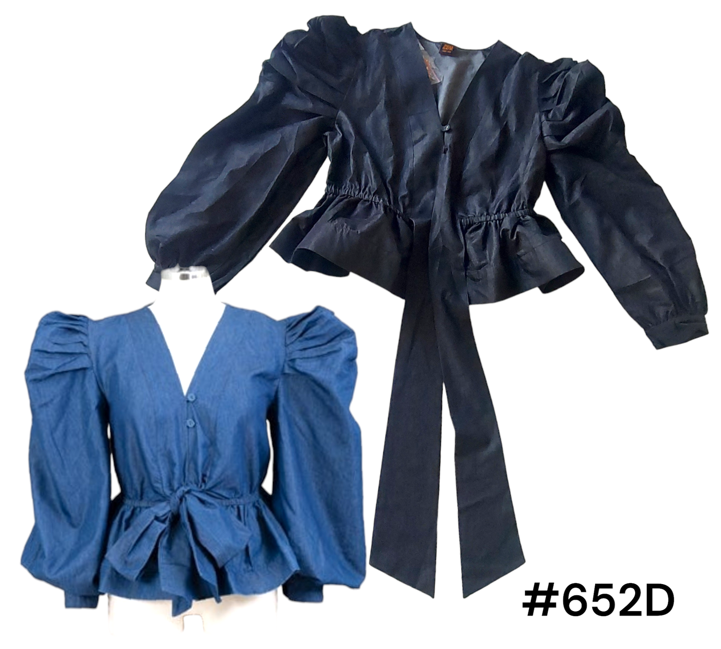 Denim Ruched sleeve Bow Blouse -652D: Blue