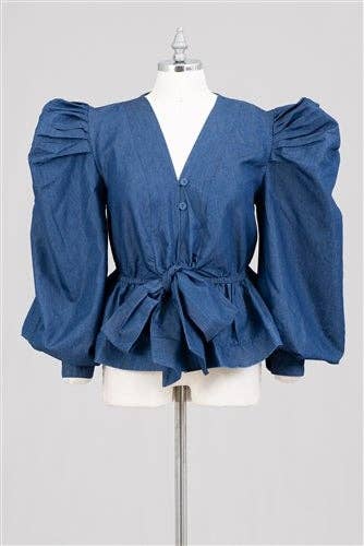 Denim Ruched sleeve Bow Blouse -652D: Blue