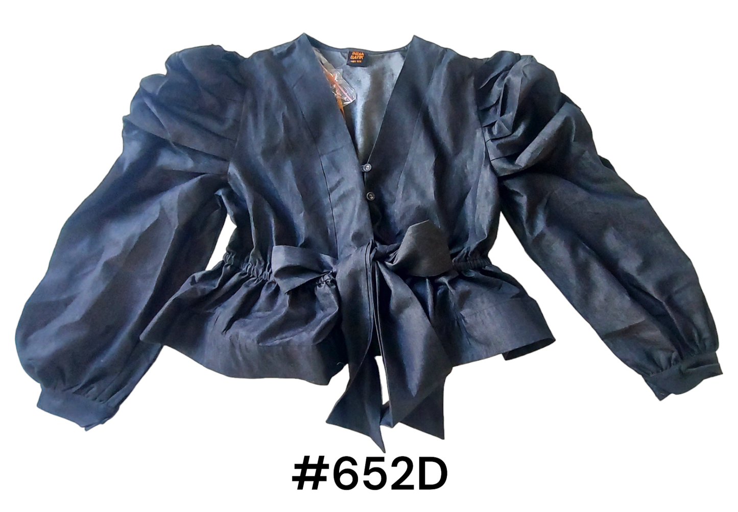 Denim Ruched sleeve Bow Blouse -652D: Blue