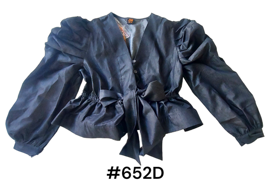 Denim Ruched sleeve Bow Blouse -652D: Black