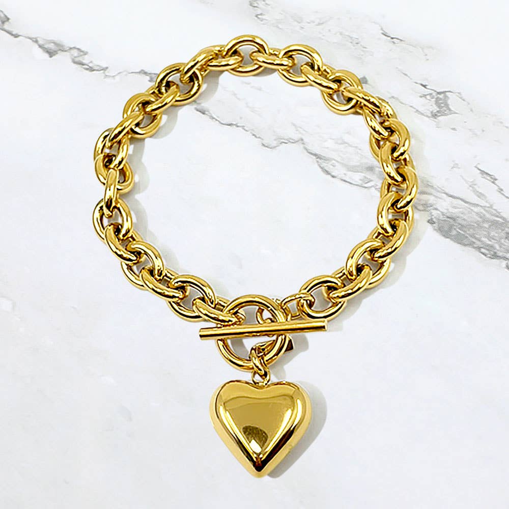 Stainless Steel Puffy Heart Charm Toggle Bracelet