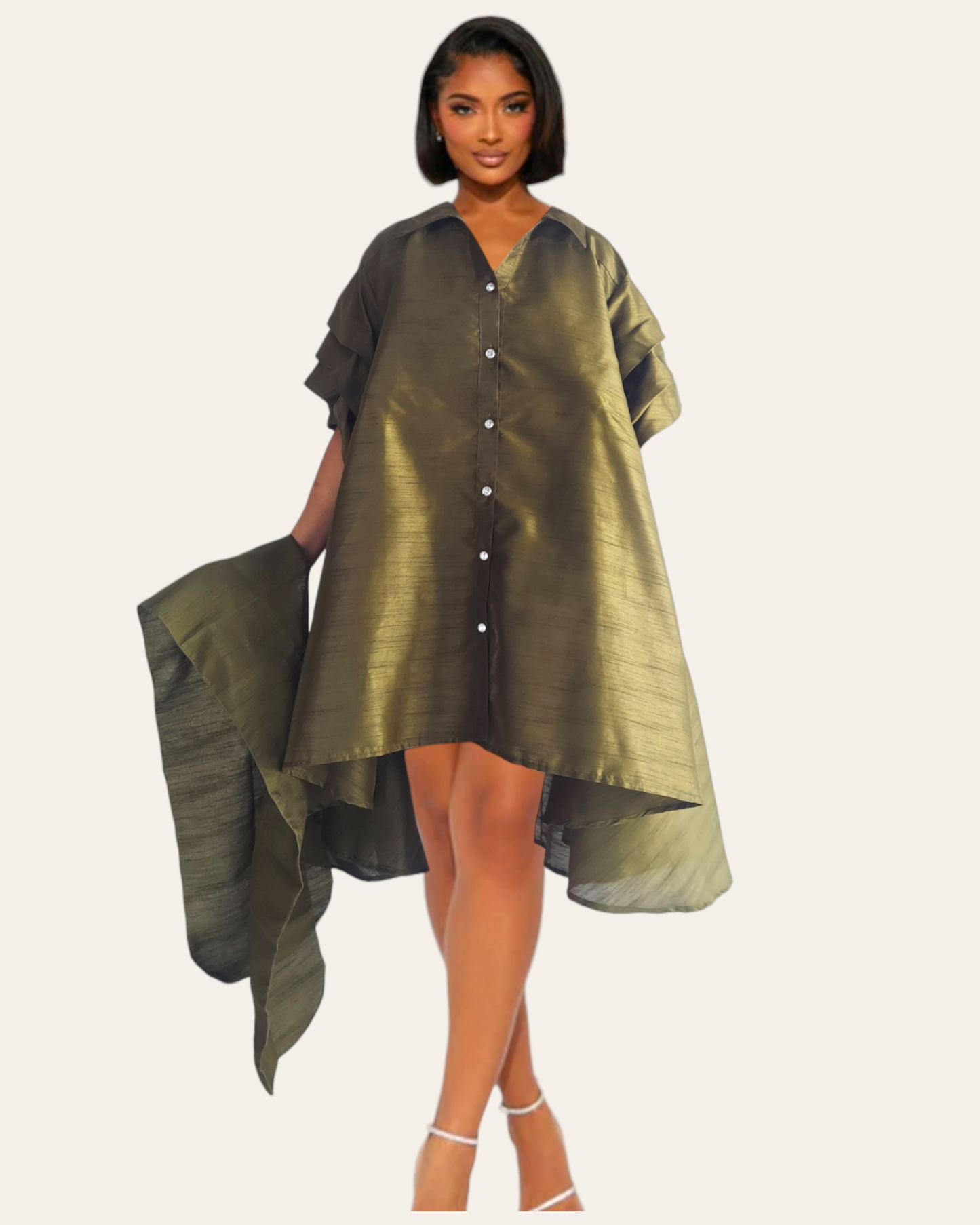 Swing Dress/ Faux Silk/ Ruffle Sleeve - Olive